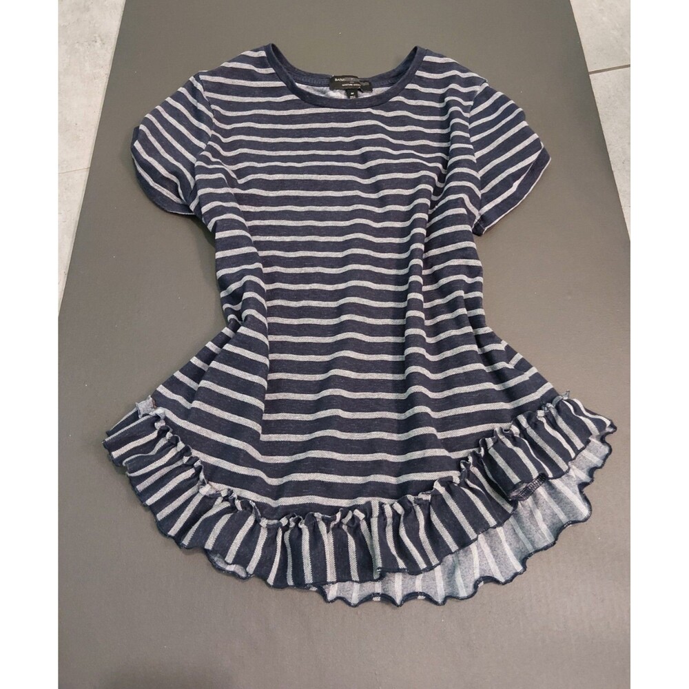 Banana Republic women Navy Stripe Ruffle Top Size Medium Moisture Wicking Cotton - Picture 11 of 15